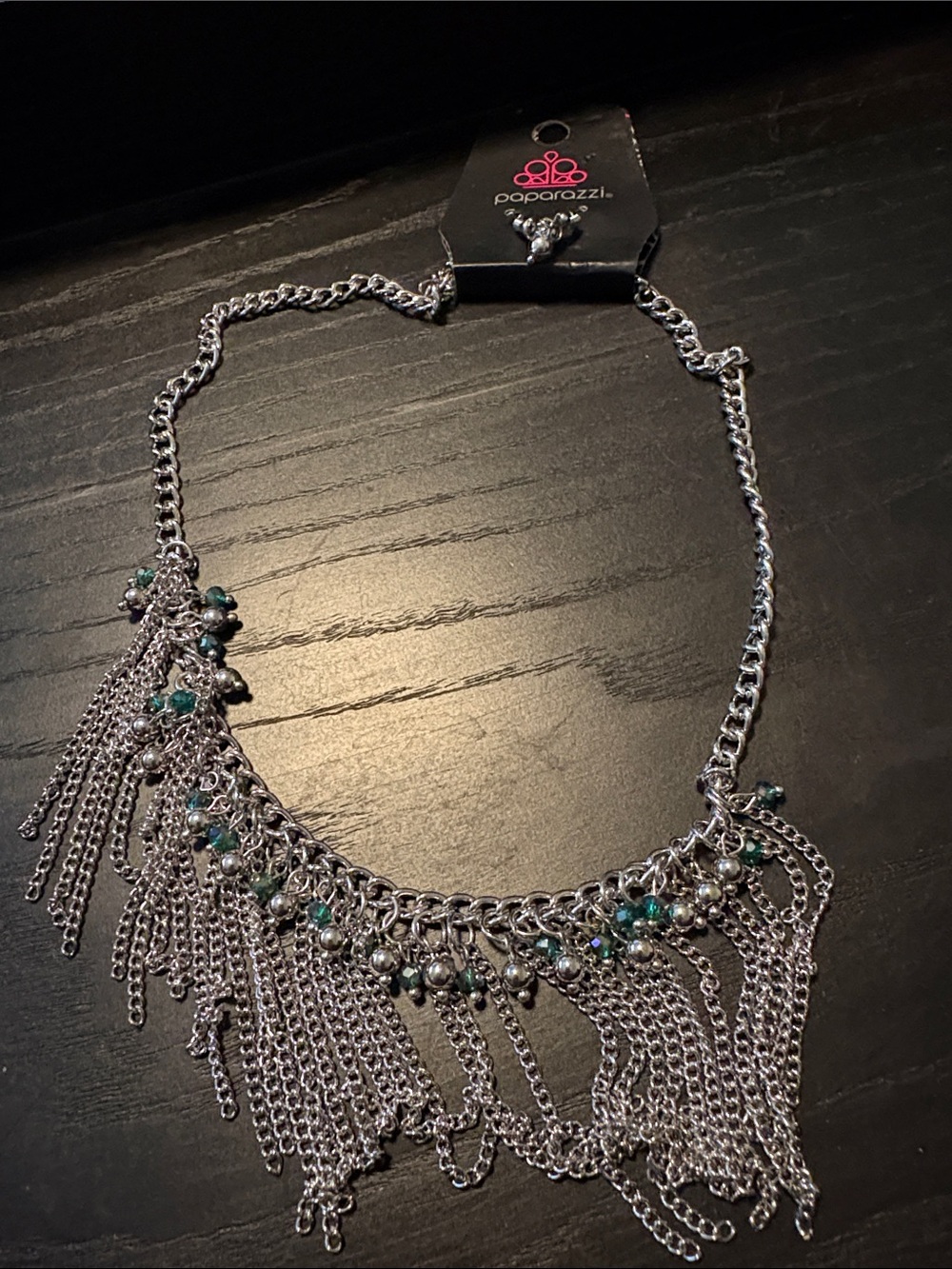 paparazzi Silver Fringe Necklace with Teal Bead Accents J13